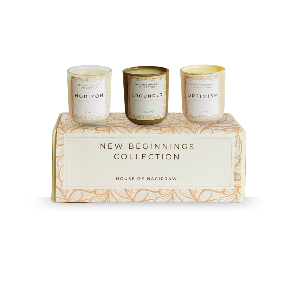 House of Nacirraw’s New Beginnings candle set, featuring three hand-poured scents designed to inspire renewal and positivity