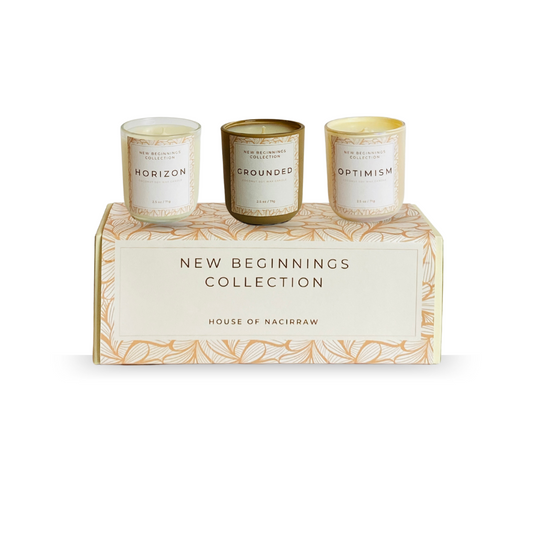 House of Nacirraw’s New Beginnings candle set, featuring three hand-poured scents designed to inspire renewal and positivity